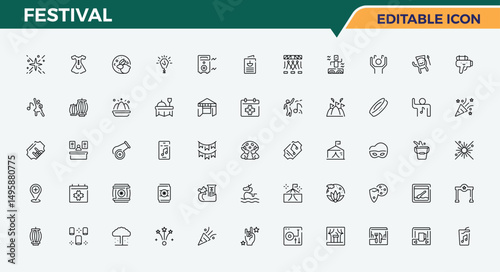 Set of Festival line icon. Containing firework, celebration, party, holiday, decoration, event and more. Icons for website. Entertainment icon set. Vector artwork and illustration.