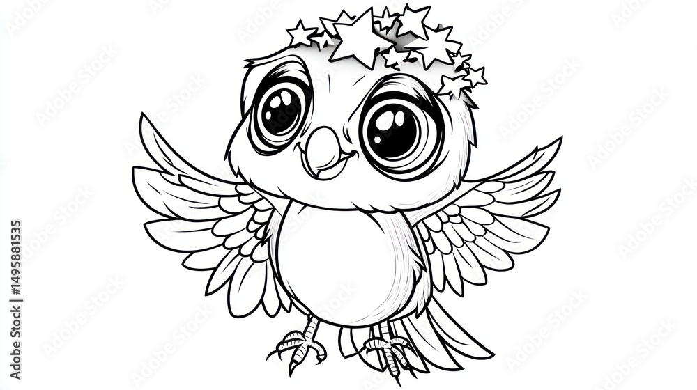 Obraz premium Cute cartoon bird with star crown, coloring page