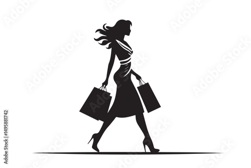 shopping girl woman holding shopping bag silhouette vector illustration