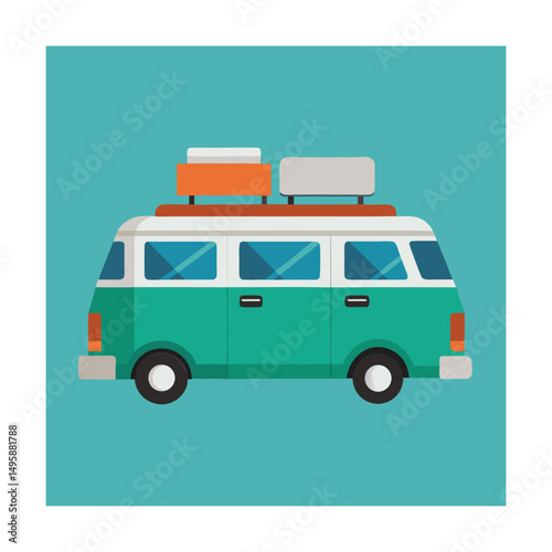 Colorful flat illustration of a retro camper van ready for a road trip adventure