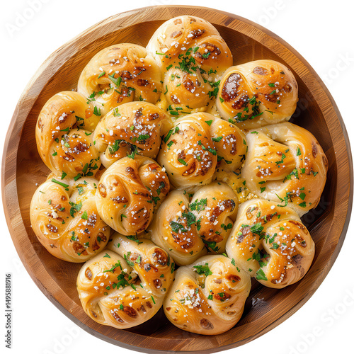 Freshly baked, golden-brown garlic rolls garnished with herbs in a wooden bowl