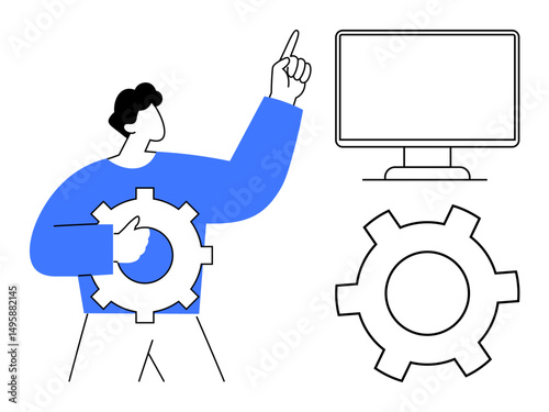 Person holds a gear, pointing upward, with a desktop screen and large gear beside. Ideal for teamwork, technology, innovation, engineering, creativity, workflow simple landing page
