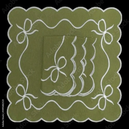 Elegant Olive Green Scalloped Placemat and Napkin Set