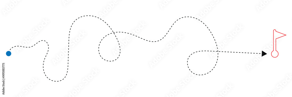 Curved line with start point and direction arrow. Difficult way, chaos path, hard route, challenge symbol isolated on white background. Vector graphic illustration . EPS 10 . Curved line with start point and direction arrow. Difficult way, chaos path, hard route, challenge symbol isolated on white background. Vector graphic illustration . EPS 10 .