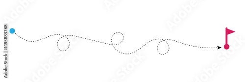 Curved line with start point and direction arrow. Difficult way, chaos path, hard route, challenge symbol isolated on white background. Vector graphic illustration . EPS 10 . 