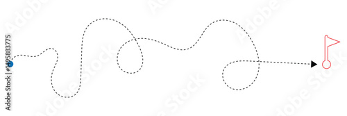 Curved line with start point and direction arrow. Difficult way, chaos path, hard route, challenge symbol isolated on white background. Vector graphic illustration . EPS 10 . 