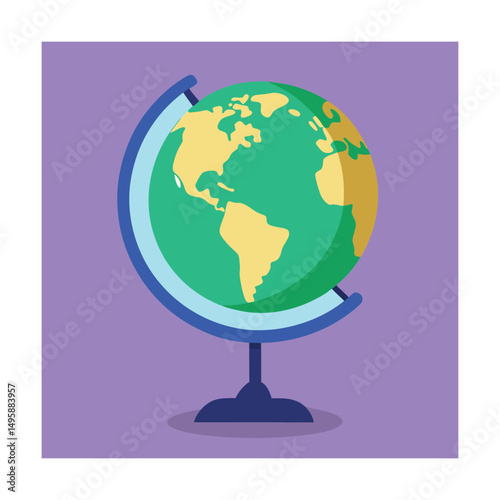 Illustrated globe on a stand displaying continents against a simple purple background