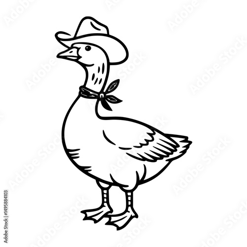Black and white line art of a humorous goose dressed as a cowboy, complete with wide-brim hat and neck scarf.