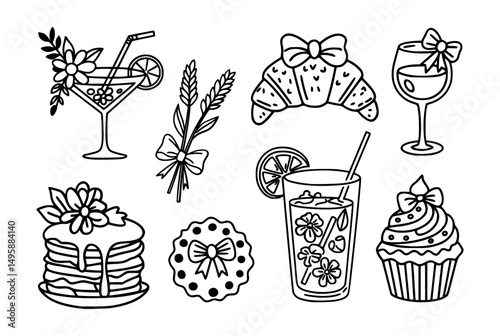 Vector illustration set featuring drinks, pancakes, croissant, cupcake, cookie, and wheat, combining breakfast, dessert, and beverage elements.