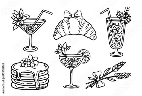 Vector illustration set featuring cocktails, pancakes with syrup, croissant, and wheat, combining breakfast and brunch food elements.