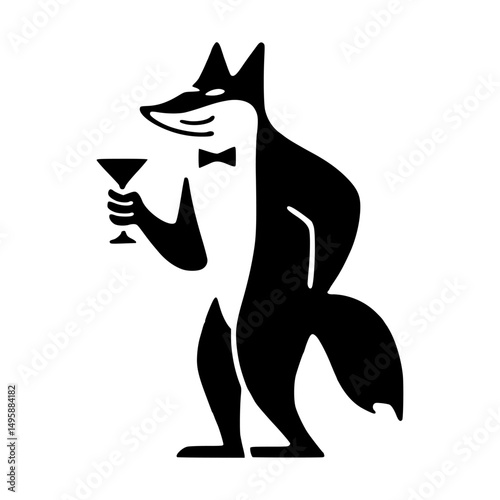 Vector illustration of a standing fox wearing a bow tie, holding a cocktail glass, with a classy and elegant character design.