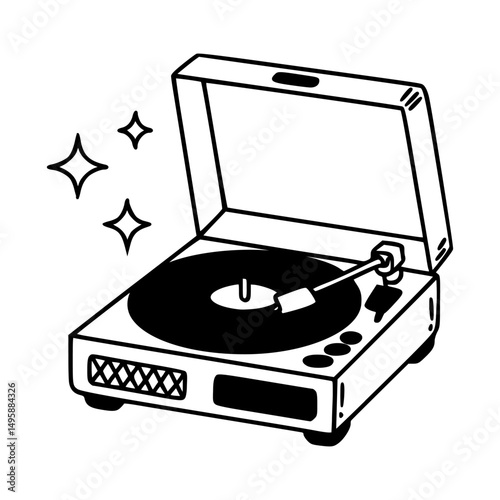 Black and white vector illustration of an open turntable playing a vinyl record, with sparkles indicating music or nostalgia.
