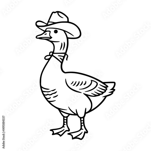 Funny black line vector illustration of a goose wearing a cowboy hat and bandana, combining farm animal charm with western flair.