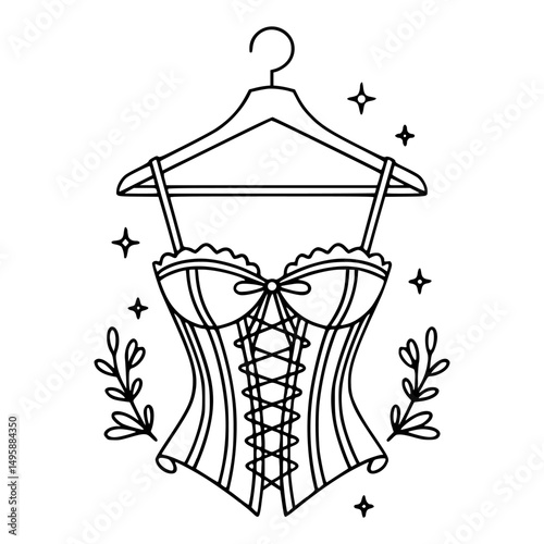 Elegant vector line illustration of a detailed corset hanging on a hanger, accented with sparkles and decorative floral elements.