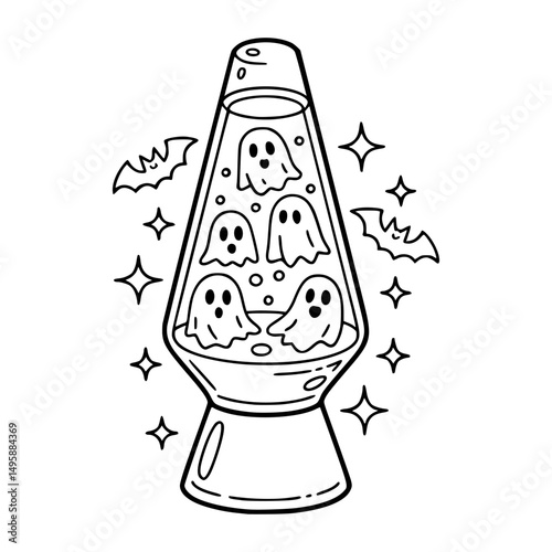 Black vector line art of a lava lamp filled with floating ghosts, surrounded by bats and sparkles, merging retro and spooky themes.