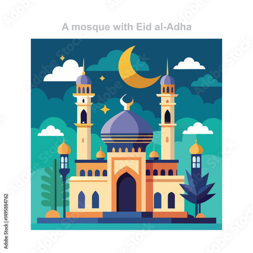 Mosque illustration celebrating Eid al-Adha with crescent moon and minarets