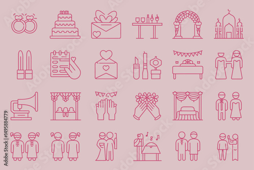 Hand Drawn Marriage Icon Set Featuring Wedding Elements Including Bride, Love, Celebration, and Timeline Menu in Artistic Vector Style for Invitations, Greeting Cards, and Posters