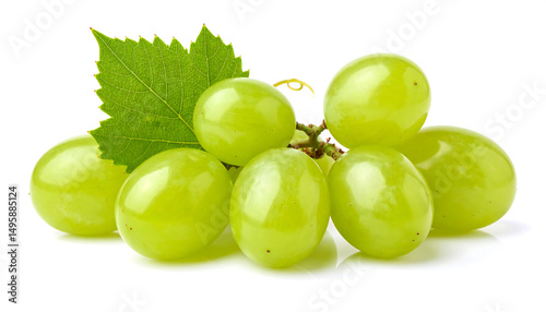 Bunch of Fresh Green Grapes with Leaf on White Background