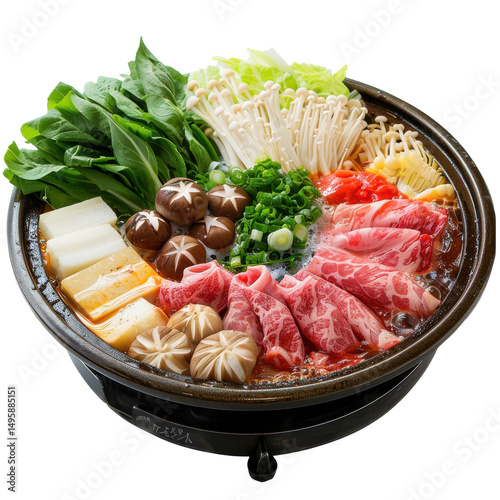 Vibrant hot pot filled with fresh vegetables and meats, ready for cooking at a dining table