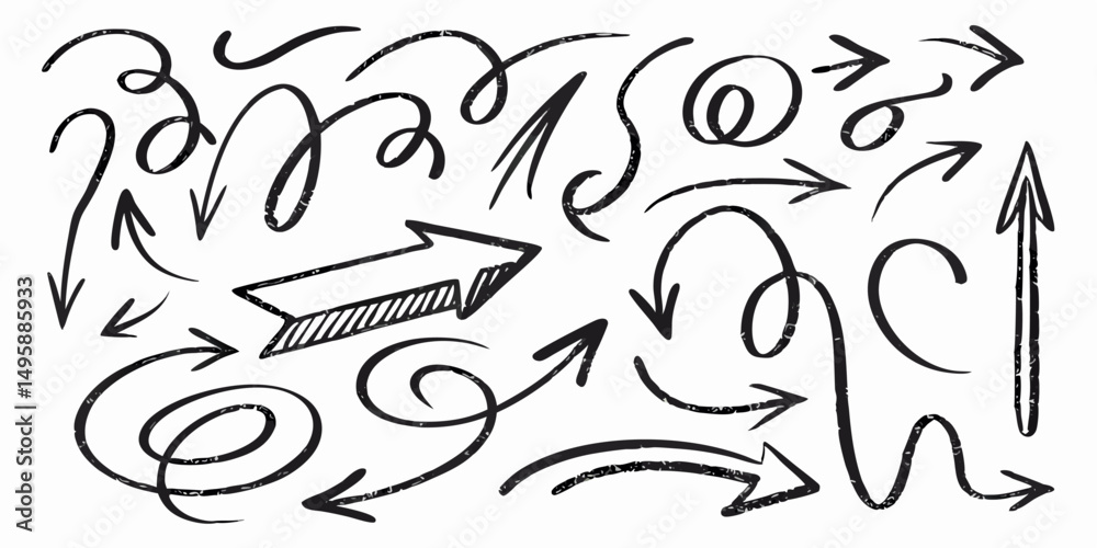Hand-Drawn Arrow Set: Collection of Sketch Arrows, Cursors & Swirls