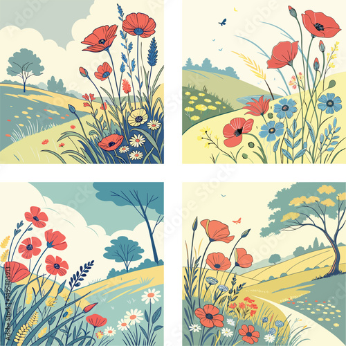 Four heartwarming illustrations depicting love and affection in various settings