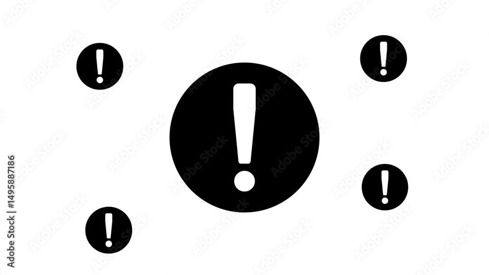 Zoom in and out animation the attention symbol. Large black symbol in the center and four small symbols around. Seamless looped 4k animation on white background Zoom in and out animation the attention symbol. Large black symbol in the center and four small symbols around. Seamless looped 4k animation on white background
