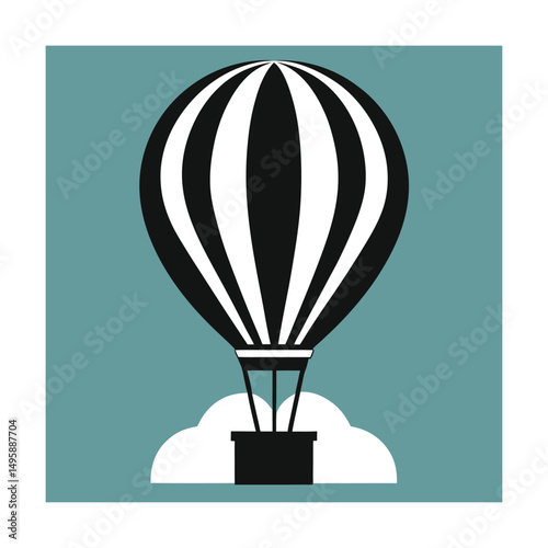 Simple black and white hot air balloon floating above white clouds against blue background