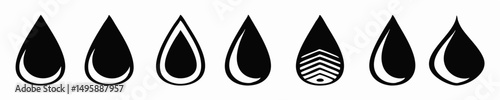 Seven Black Droplet Icons: Water Drop, Oil Drop, Liquid Illustrations