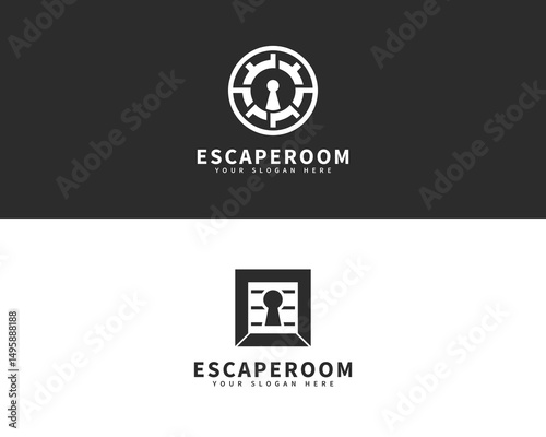 Minimalist escaperoom logo template featuring keyhole and gear design suitable for branding and identity needs