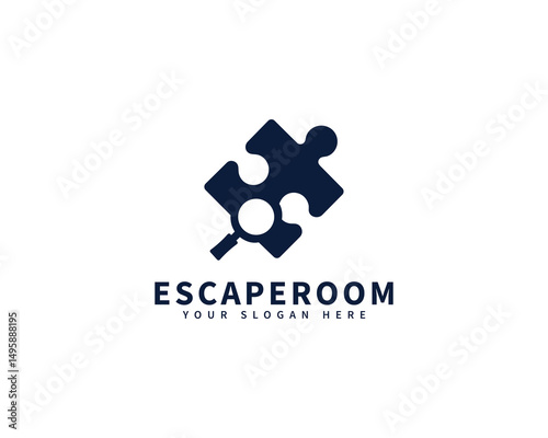 Escape room logo concept with puzzle and magnifying glass sleek design template