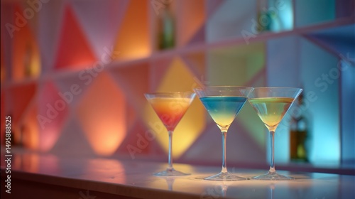 Minimal bar setup with rainbow martinis under soft lighting, geometric backdrop