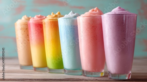 Row of gradient rainbow smoothies in tall glasses, clean wooden surface, pastel decor