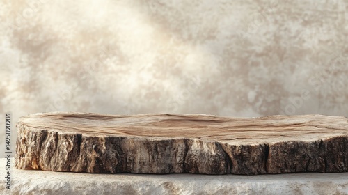 Rough cut wooden block rests on a stone surface with a mottled backdrop
