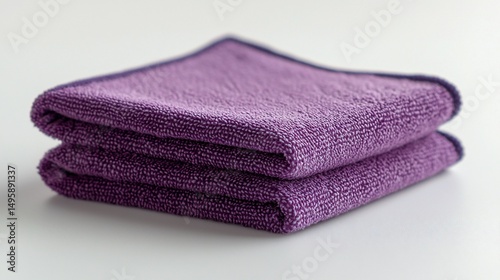 Two folded purple microfiber cleaning cloths