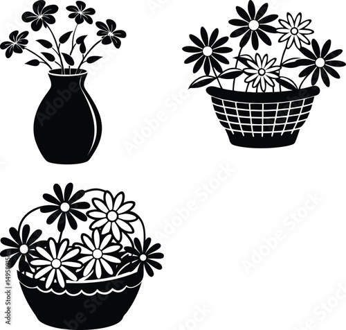 Black and White Floral Arrangements in Vase and Baskets