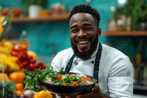In a contemporary kitchen filled with natural light, the chef savors the delightful experience of vibrant, fresh flavors as they sample a beautifully prepared salad