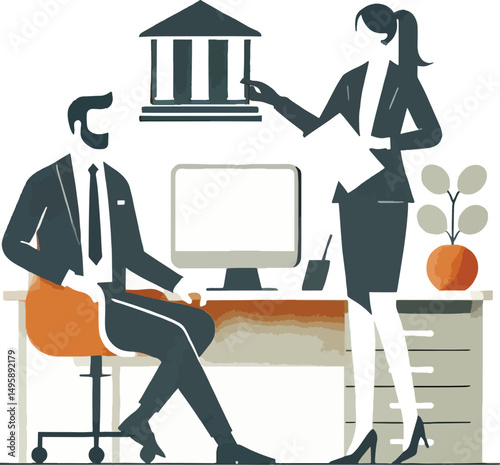 Business professionals discussing financial concepts with a building icon illustration design.