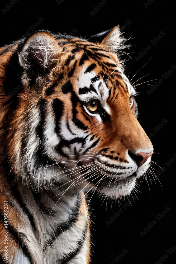 Fototapeta premium Mystique of the tiger captured in high contrast chiaroscuro lighting revealing its soulful gaze