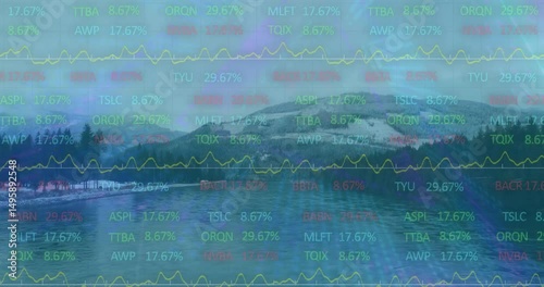 Overlay appearing on mountain lake reflection, animating stock tickers rising for trend tracking