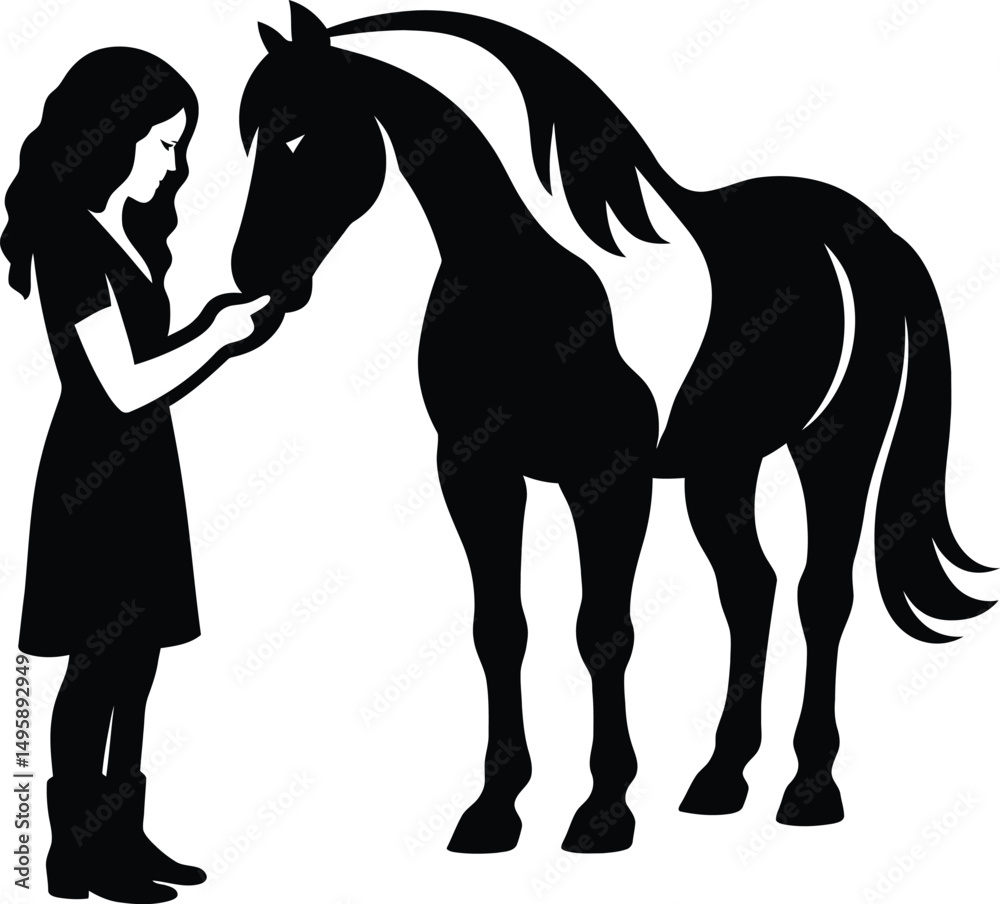 Obraz premium Girl and horse silhouette for emotional bond themes, Equine care vector design with child and horse