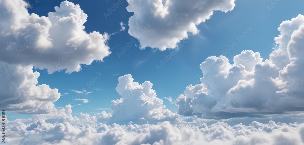 Naklejka premium Vast expanse of azure sky dotted with fluffy white cumulus clouds , wispy, sky