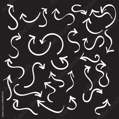 Black pencil arrow doodles set - hand drawn swirls, curved lines, chaotic pointers. Chalk sketches, artistic design elements pack. Grunge style marker scribbles, crayon strokes outline drawings. EPS10