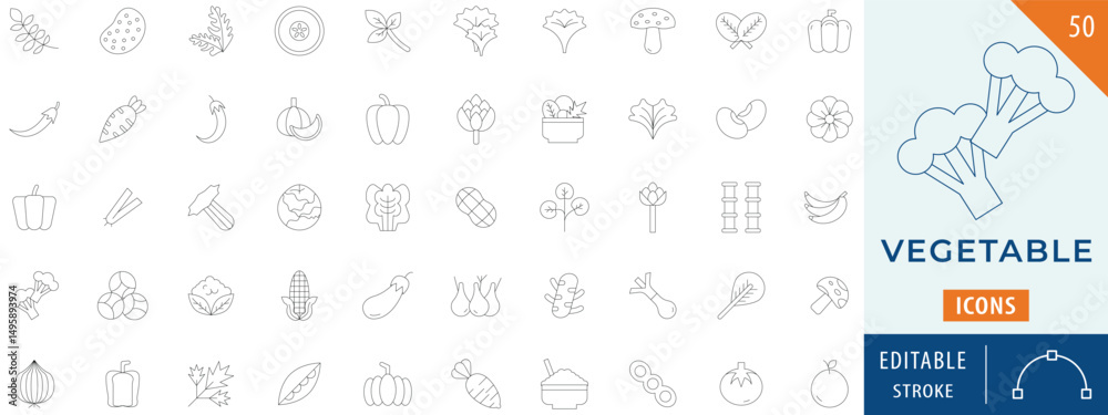 Naklejka premium Vegetable icon collection set. Containing lettuce, pumpkin, carrot, potato, garlic, and more. Editable stroke.