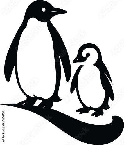 Penguin and chick silhouette in caring pose design, Cute arctic animal vector for family themes