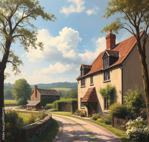 Village home painting, Rural house art, Village scene canvas, Traditional home painting, Countryside home, Rustic house painting, Village life art, Oil painting village home, Watercolor village house,