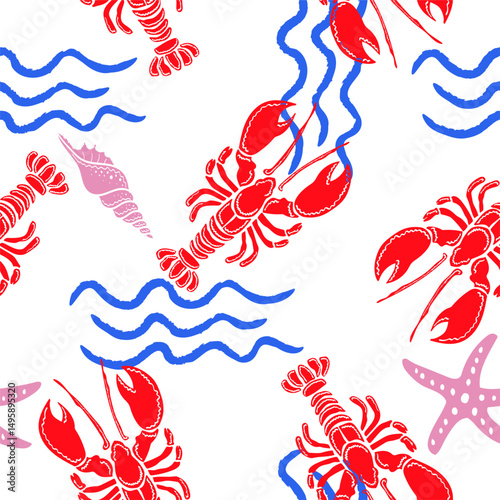 Seamless Lobster, seashell and starfish illustration. Red, Pink and blue retro allover print.
