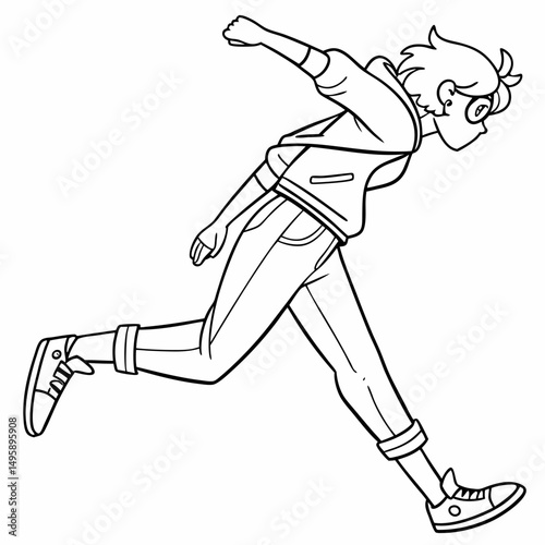 Young person running dynamic pose line art illustration