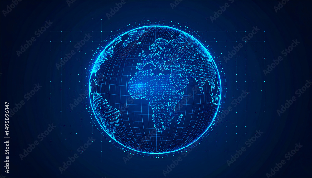 Naklejka premium A glowing digital globe representing Earth, with bright blue lines and dots on a dark background, highlighting continents and global connectivity.