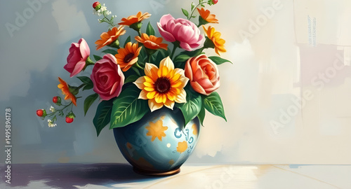 festival flower oil painting, traditional bouquet artwork, cultural floral still life, Indian festival flower painting, wedding ritual flower art, temple flower vase painting, ceremonial floral artwor