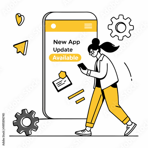 Woman walking past giant phone new app update available